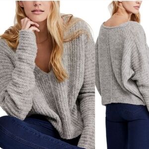 FREE PEOPLE Moonbeam Alpaca Blend Deep V Neck Oversized Grey Sweater
